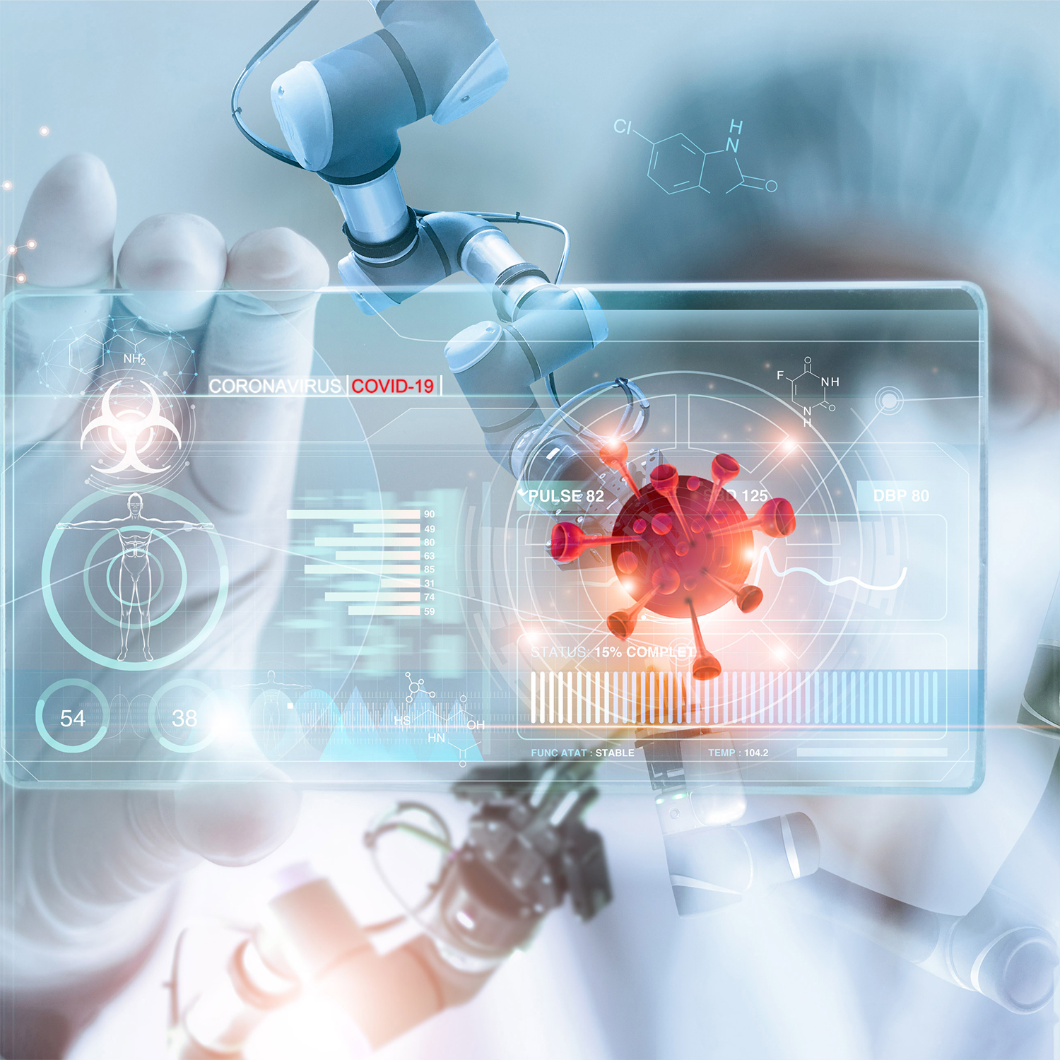 Medicine doctor and robotics research and analysis. Diagnose checking coronavirus or covid-19 testing result with virtual screen in laboratory, Inhibition of disease outbreaks and Medical technology