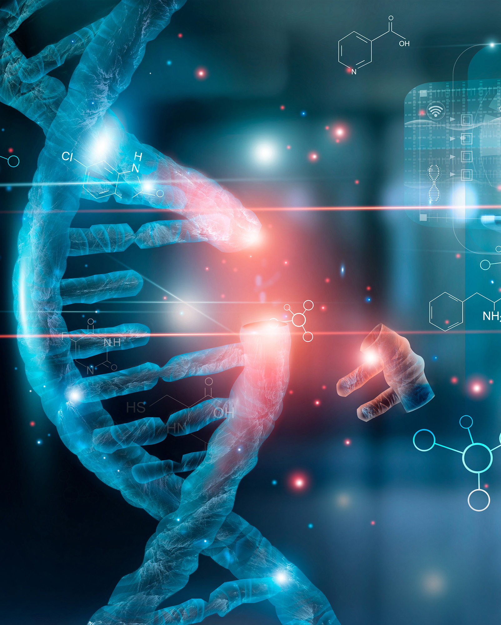 Abstract luminous DNA molecule. Doctor using tablet and check with analysis chromosome DNA genetic of human on virtual interface. Medicine. Medical science and biotechnology.