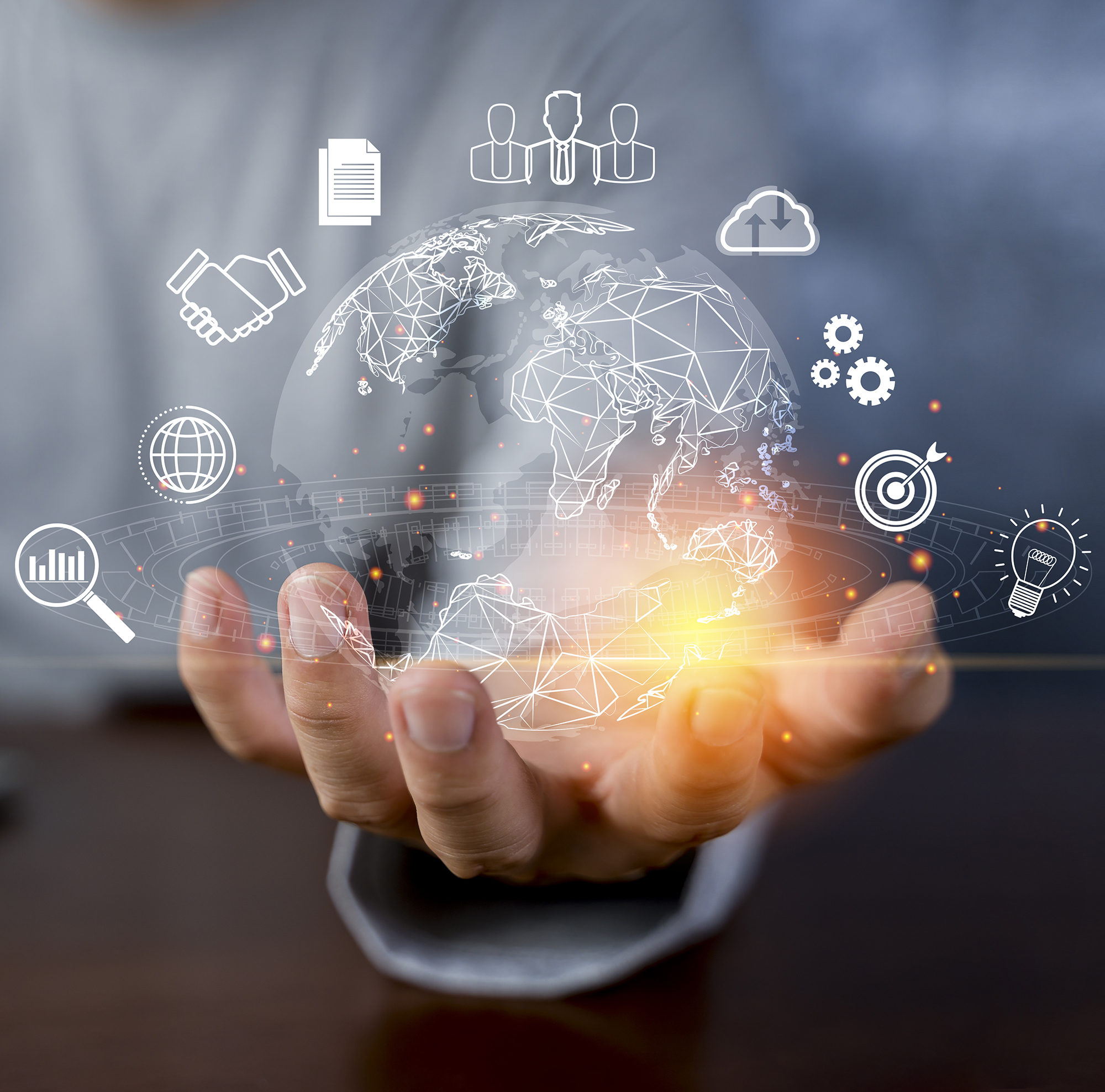 Man hand holding virtual Global Internet connection metaverse. Business global internet connection application technology and digital marketing, Financial and banking, Digital link tech, big data.